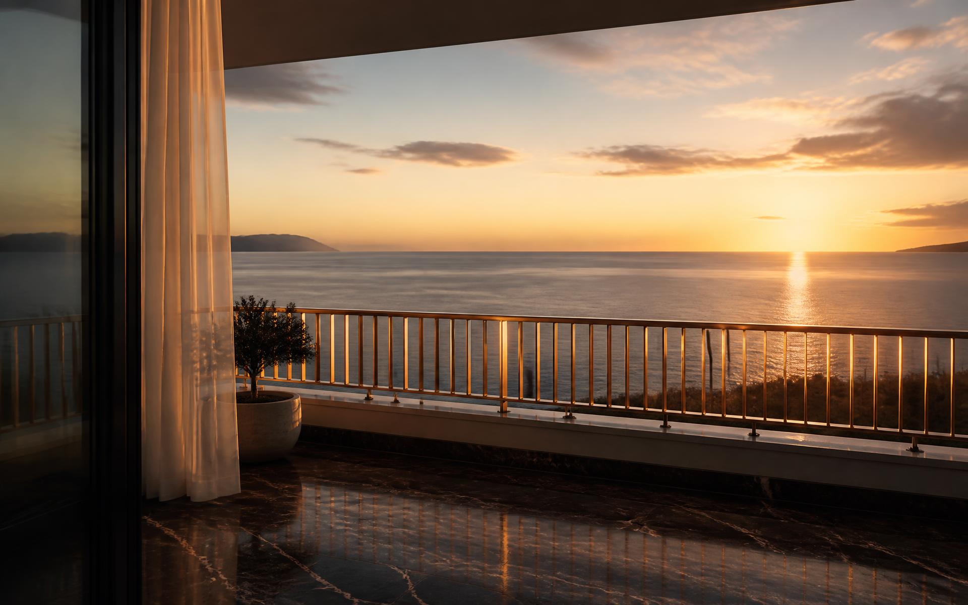 Varanda de apartamento de luxo com vista permanente para o mar ao pôr do sol